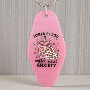 Handmade “Fueled by Iced Coffee & Anxiety” Keychain – Funny Retro Bag Charm